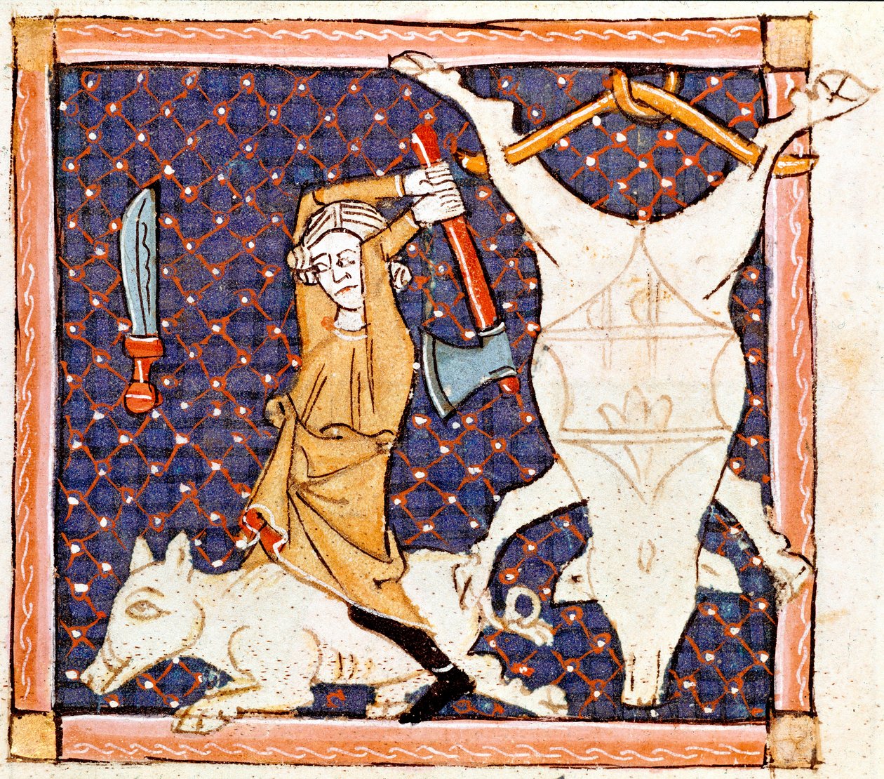 Desember: slakting av griser. Miniatyr hentet fra "Breviaire d