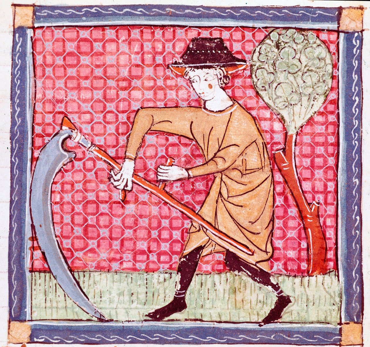 juni: en bonde som holder en sigd. Miniatyr hentet fra "Breviaire d'amour"" (Breviari d'Amor) av Ermengol de Beziers (Matfre Ermengau) (Ermengaud) (død 1322) av Ermengaut Matfre