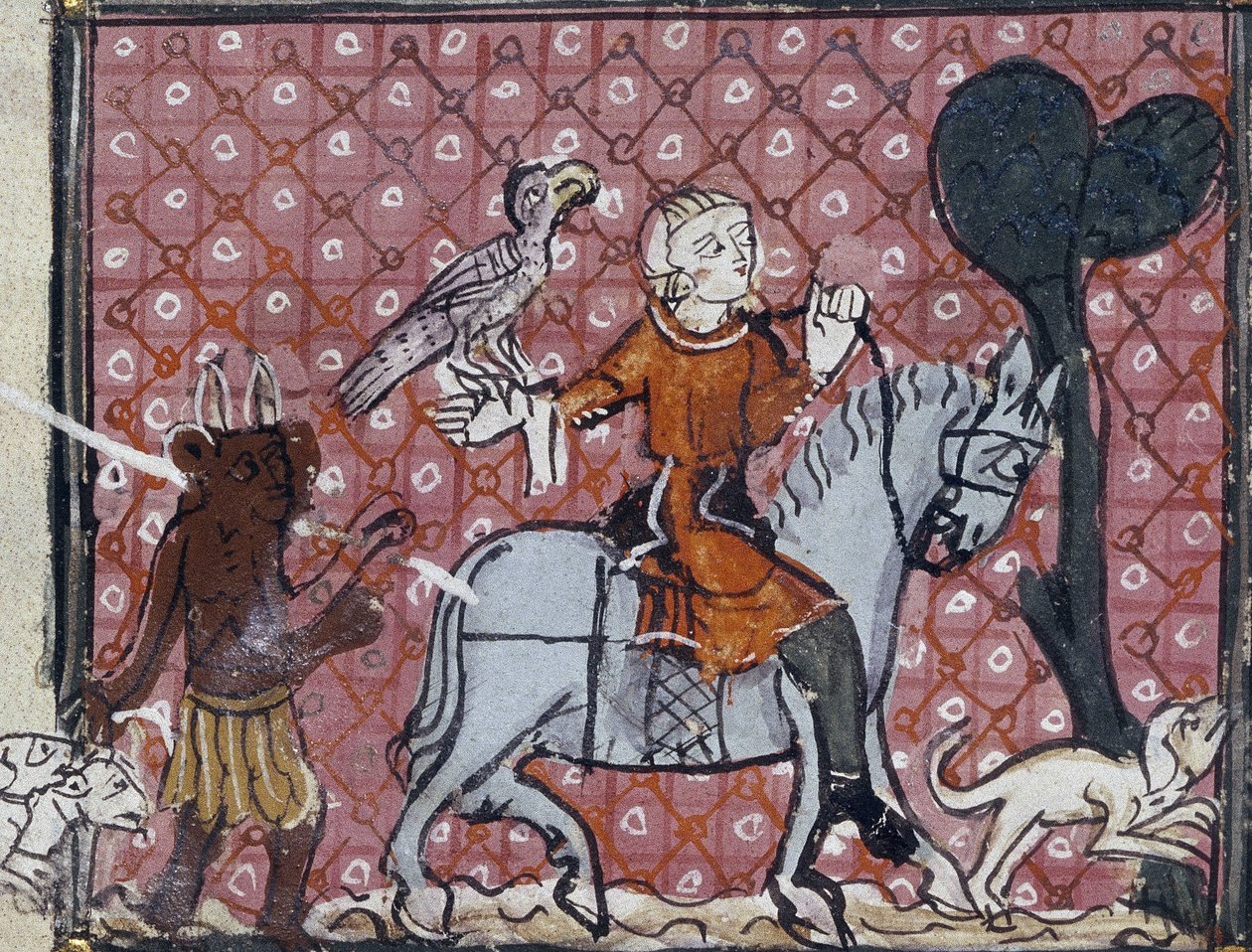 Roy 19 C I. Folio No: 204 Synden av verdslige forfengeligheter: en rytter med sin hauk og hund blir nærmet av en djevel. En av et sett som illustrerer fristelsene, fra dikt av Matfre Ermengau, ca 1300-1320 av Ermengaut Matfre