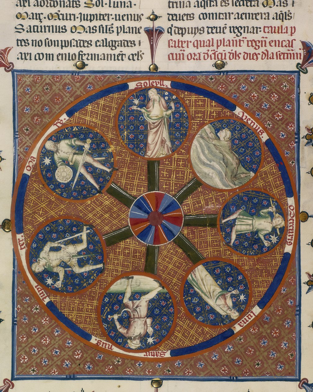 Yates Thompson 31 fol.70v Medallions of the Seven Planets, fra 'Breviari d'Amour' (vellum) av Ermengaut Matfre