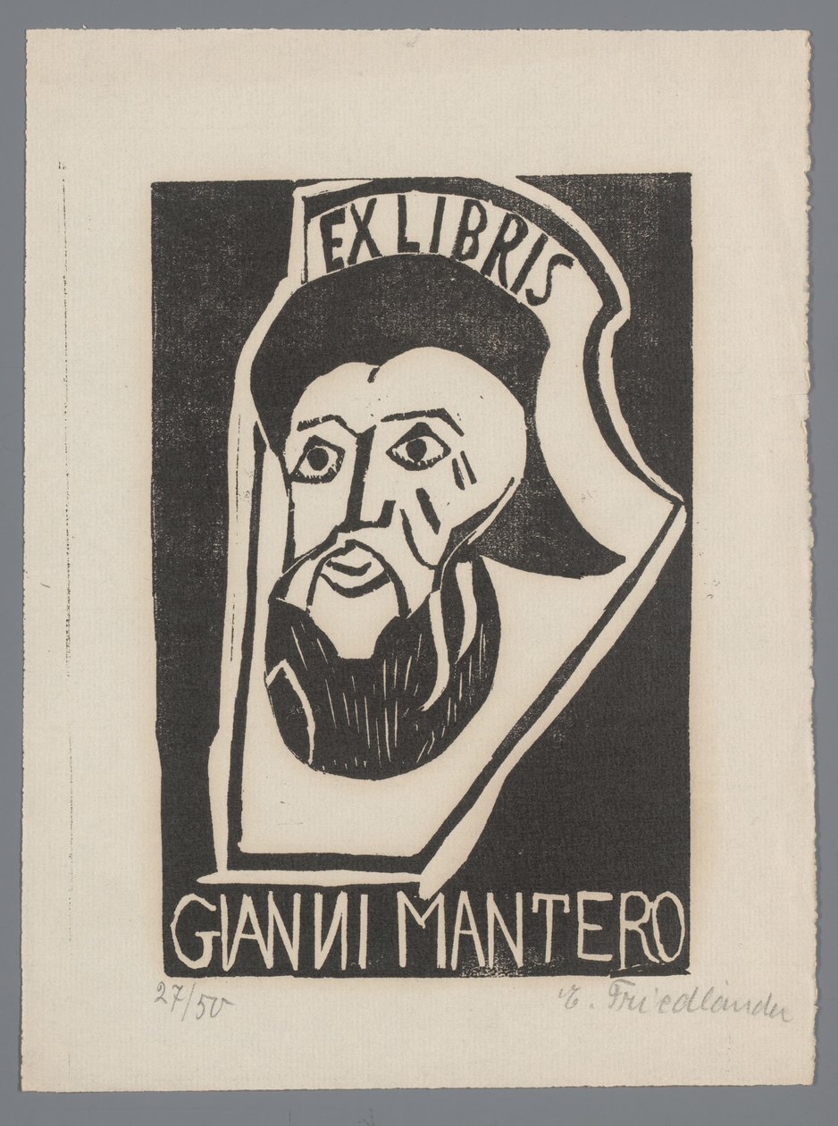 Ex libris av Gianni Mantero av Erna Levy Friedländer (signed by artist)