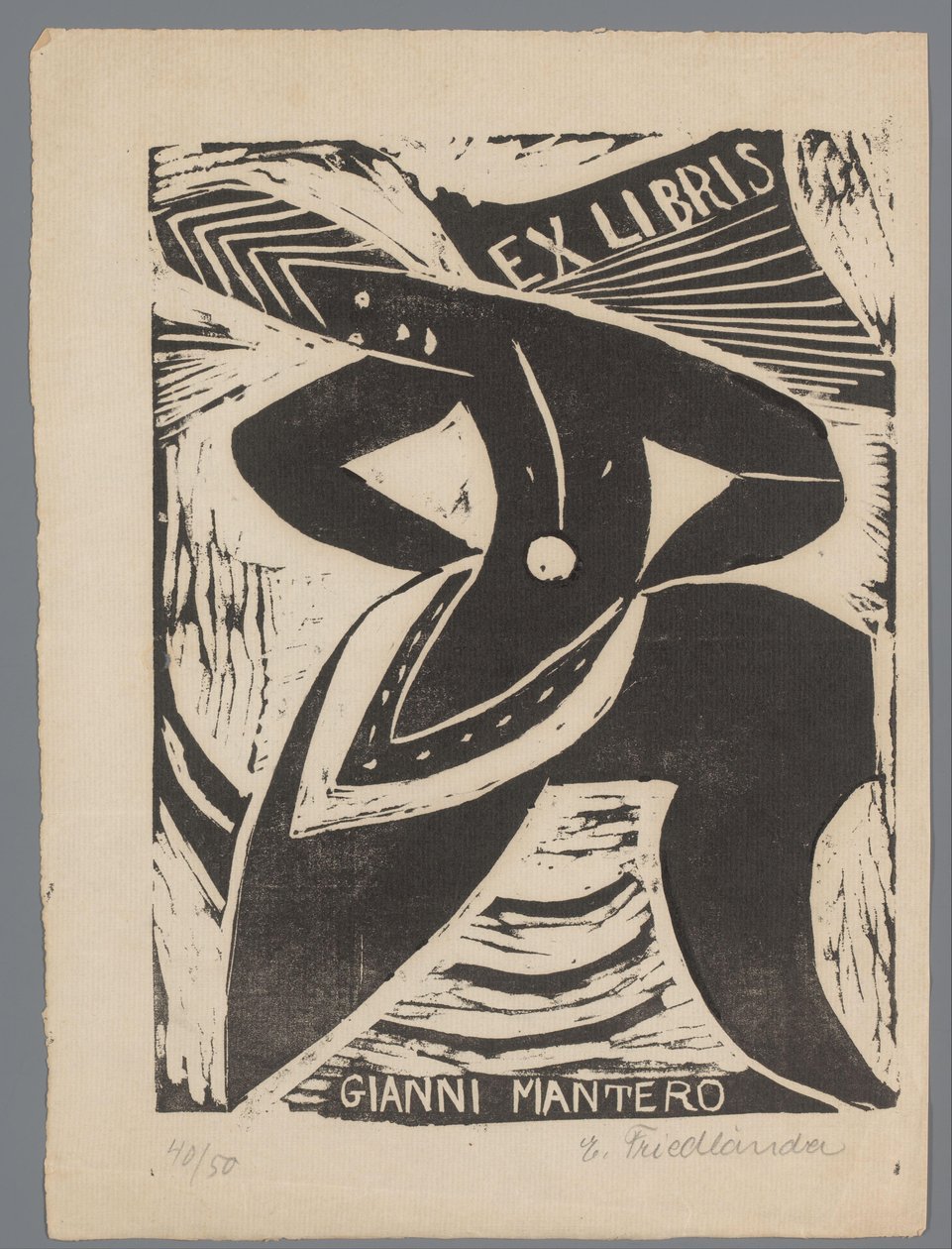 Ex libris av Gianni Mantero av Erna Levy Friedländer (signed by artist)
