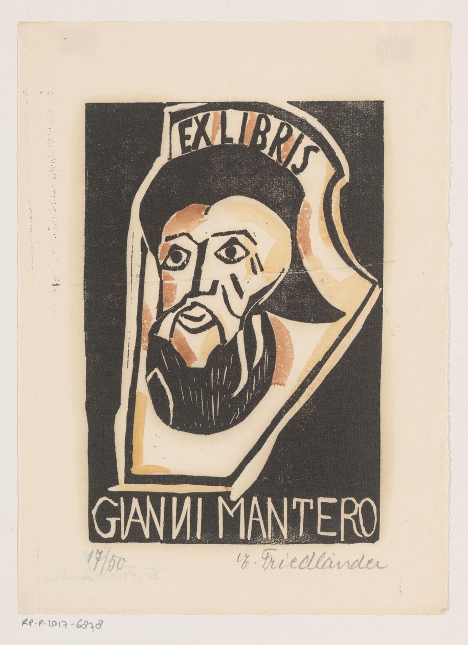 Ex libris av Gianni Mantero av Erna Levy Friedländer (signed by artist)