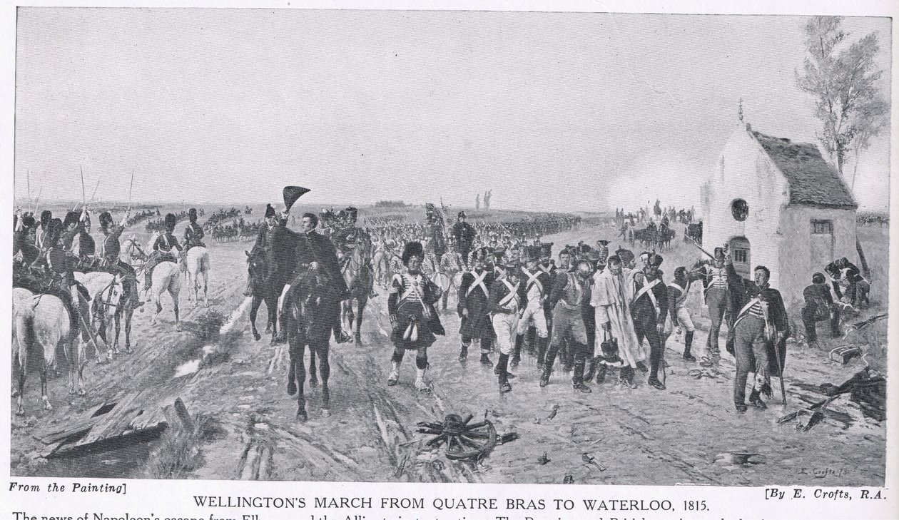 Wellingtons mars fra Quatre Bras til Waterloo, 1815, illustrasjon fra 