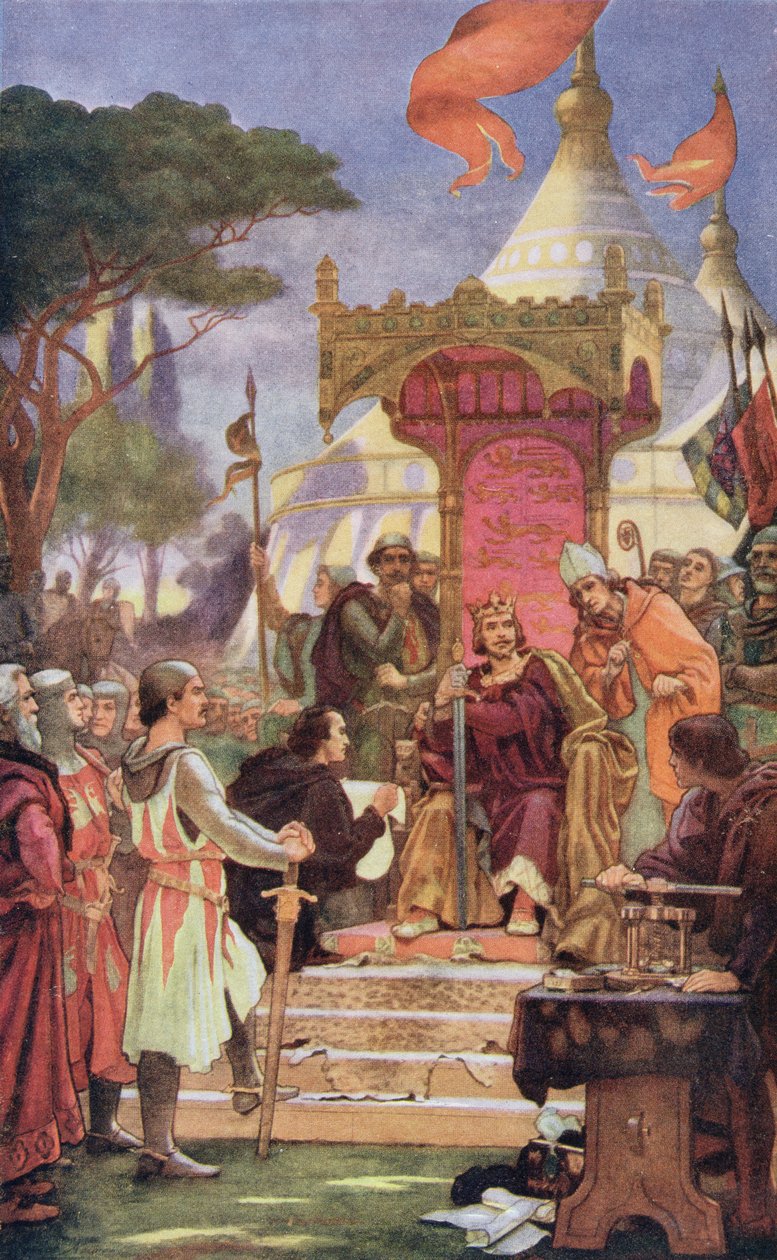Kong John (1167-1216) ved signeringen av Magna Carta, 15. juni 1215, illustrasjon fra 'Hutchinson's Story of the British Nation' av Ernest Normand