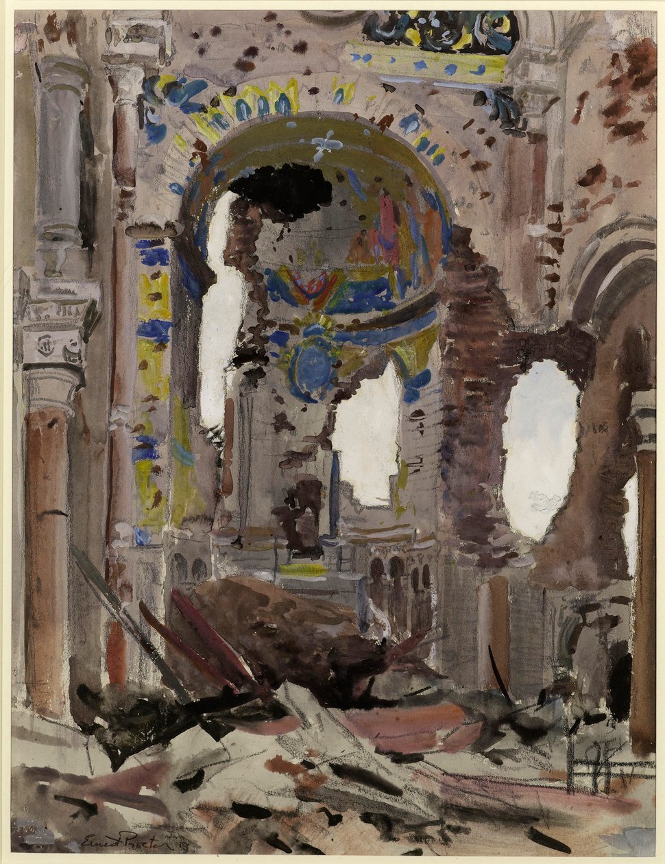 Utbombet interiør i Albert Church, 1918 (wc på papir) av Ernest Procter