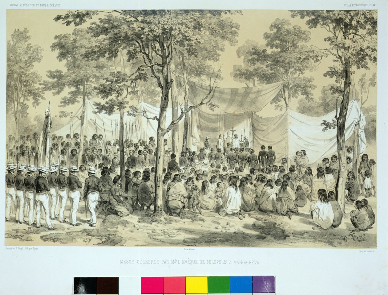 Utsikt over den berømte messen holdt av biskopen av Nilopolis ved Manga-Reva, fra "Voyage Around the World on the Fregate Venus, 1836-39", gravert av Bayot, 1841 av Ernest Auguste Goupil