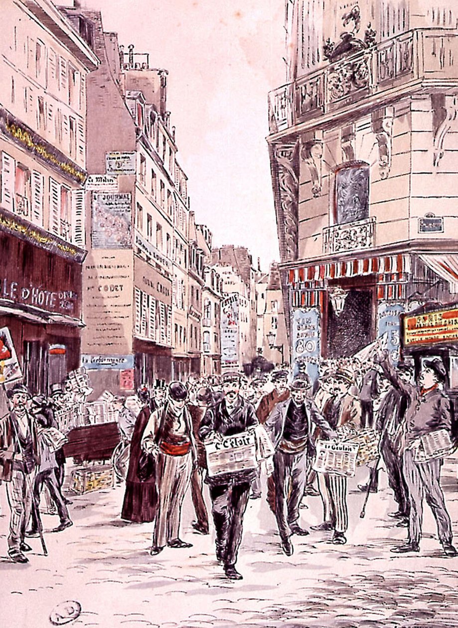 nyhetsleverandører i gatene i Paris i 1893, gravering av Ernest (after) Grenier
