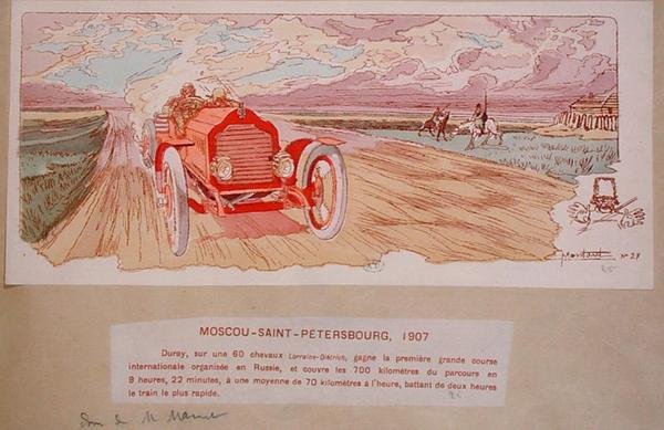 Arthur Duray i hans Lorraine-Dietrich vant Moskva-St.Petersburg-rallyet i 1907, ca. 1910 (farge litho) av Ernest (after) Montaut