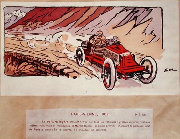 Marcel Renault (1872-1903) i sin Renault Freres som konkurrerte i Paris-Wien-rallyet i 1902, ca. 1910 (farge litho) av Ernest (after) Montaut