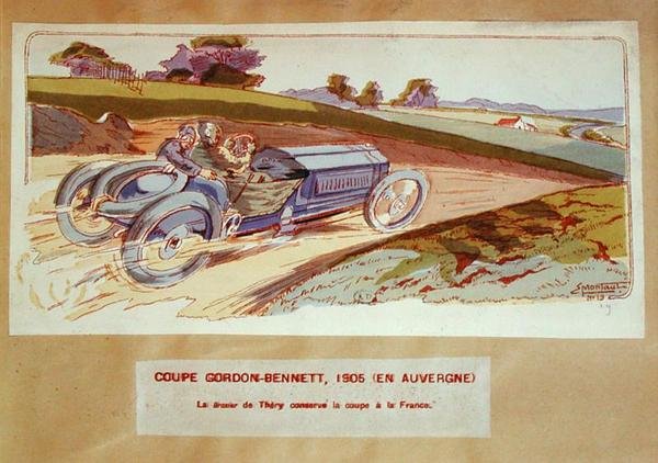Richard-Brasier-bilen kjørt av Leon Thery under Gordon-Bennett-løpet i Auvergne i 1905, ca. 1910 (farge litho) av Ernest (after) Montaut