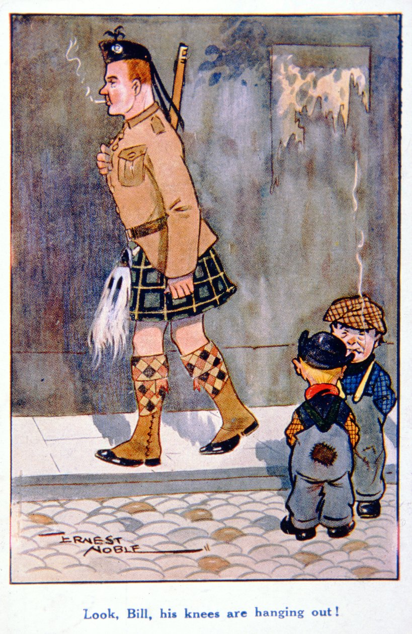 "Se, Bill, knærne hans henger ut!", britisk postkort fra første verdenskrig av Ernest (after) Noble