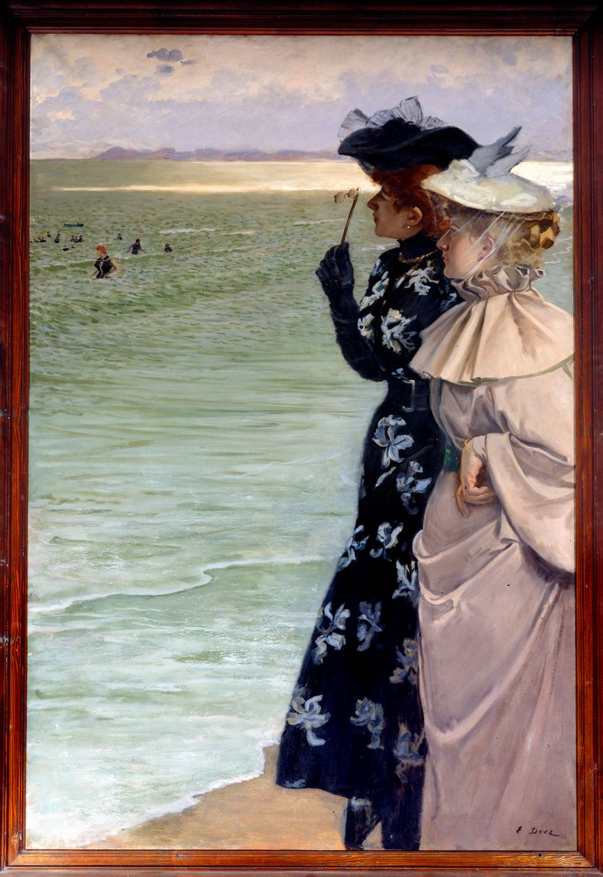 Vakker periode: “” Badetid ved sjøen””” To kvinner i kysten undersøker badegjestene i kikkert. Maleri av Ernest Ange Duez (1843-1896) 1896 Søn. 1,06x1,6 m Rouen, musee des Beaux Arts - Belle epoque: "" Badetid ved sjøen"" To kvinner på  av Ernest Ange Duez