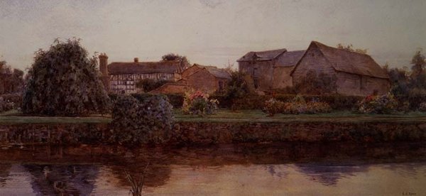 Et hus og gårdsbygninger ved en elv av Ernest Arthur Rowe