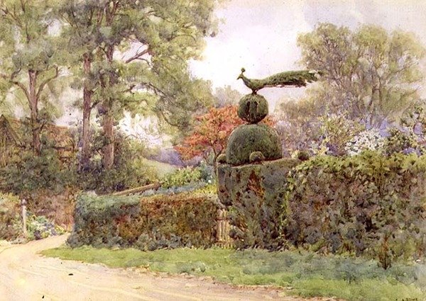 The Old Yew Hedge, Speldhurst, Kent (akvarell) av Ernest Arthur Rowe