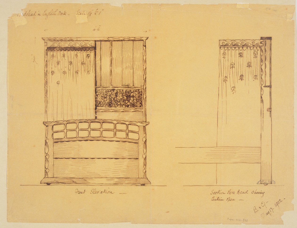 Design for en seng i engelsk eik, 1902 av Ernest Barnsley
