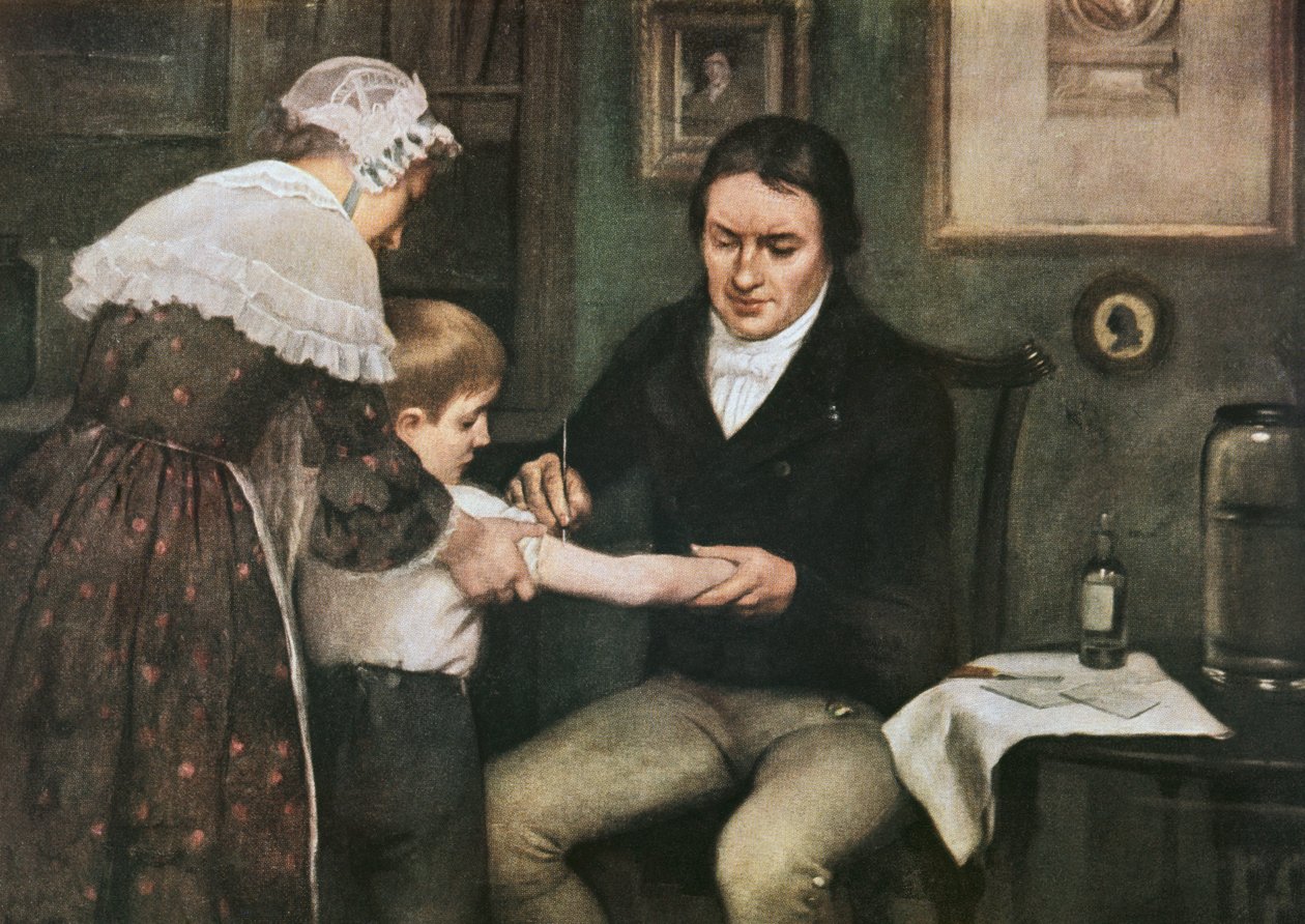 Dr Edward Jenner (1749-1823) utførte sin første vaksinasjon mot kopper på James Phipps, gutt på åtte, 14. mai av Ernest Board
