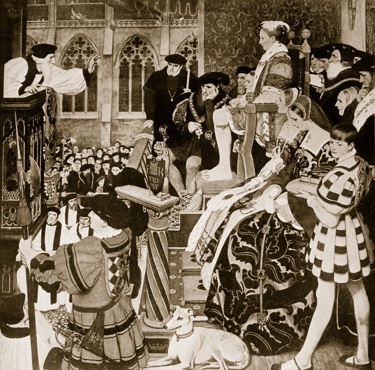 Latimer forkynner før Edward VI, illustrasjon fra 'Hutchinson's Story of the British Nation', ca. 1923 av Ernest Board