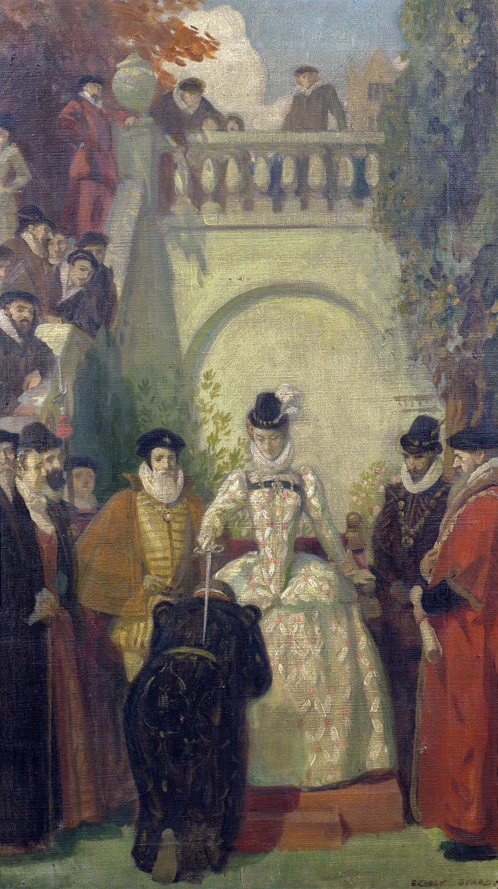 Dronning Elizabeth I ridder Sir John Young på trappene til eiendommen hans, The Great House, Bristol, 1910-20 av Ernest Board