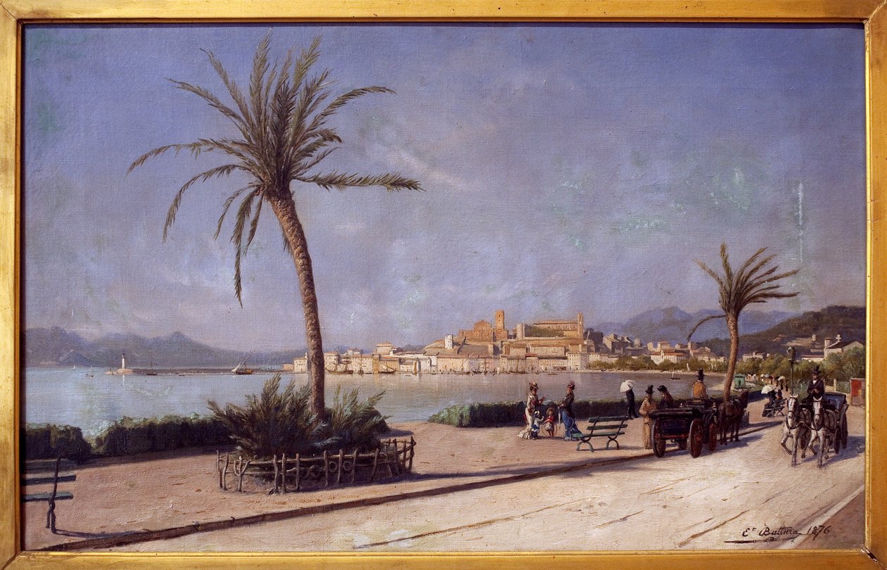 Gå på Croisette de Cannes. Maleri av Ernest Buttura (1841-1920), olje på lerret av Ernest Buttura