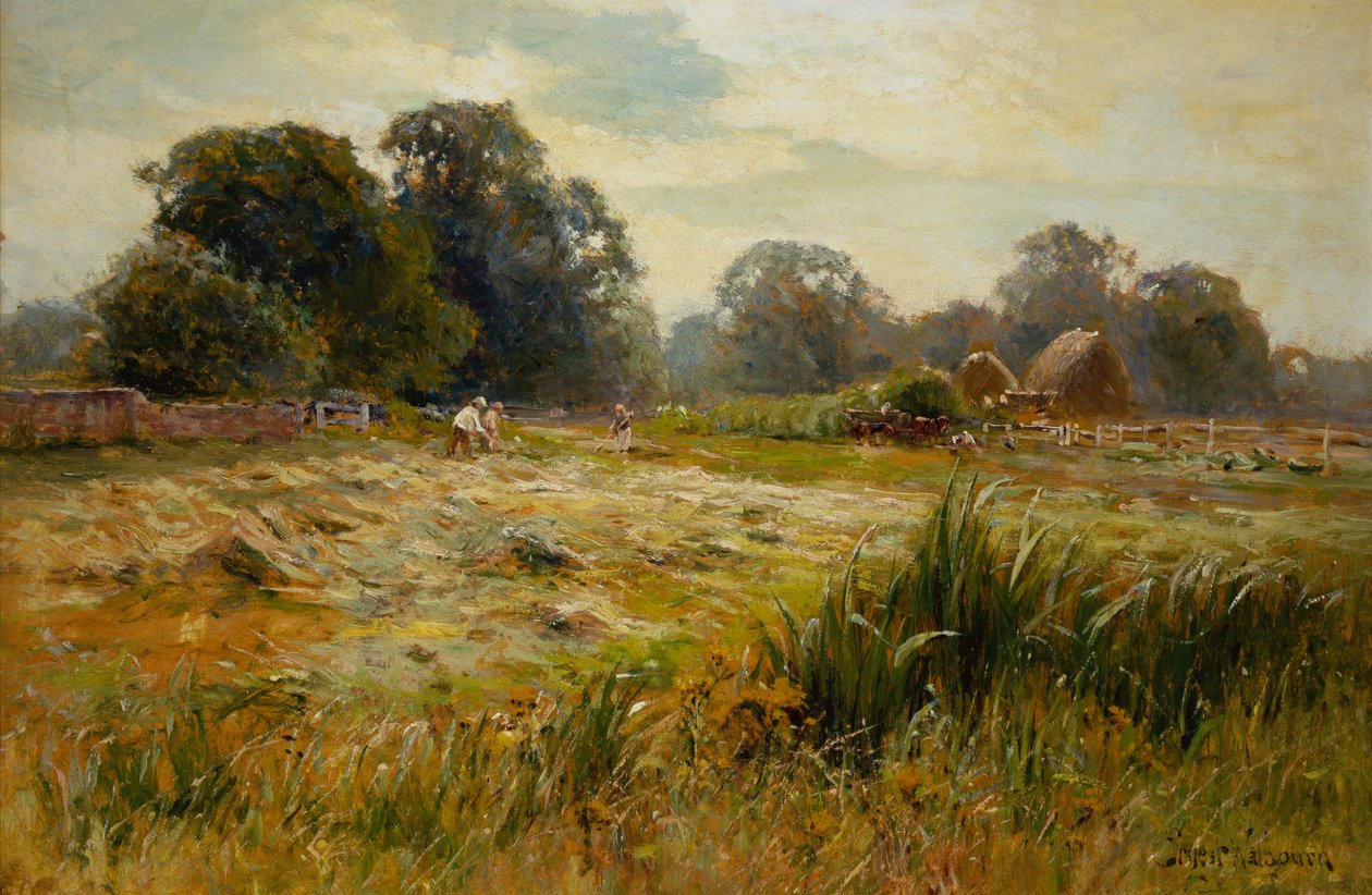 Turning the Hay, nær Epping, Essex (olje om bord) av Ernest C. Walbourne