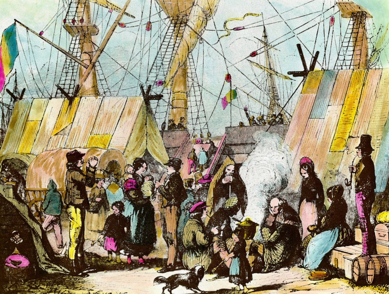 Familier av emigranter slo leir ved havnen i Le Havre. Gravering av Ernest Charton (1813-1905) Gravering av privatsamlingen fra 1800-tallet av Ernest Charton