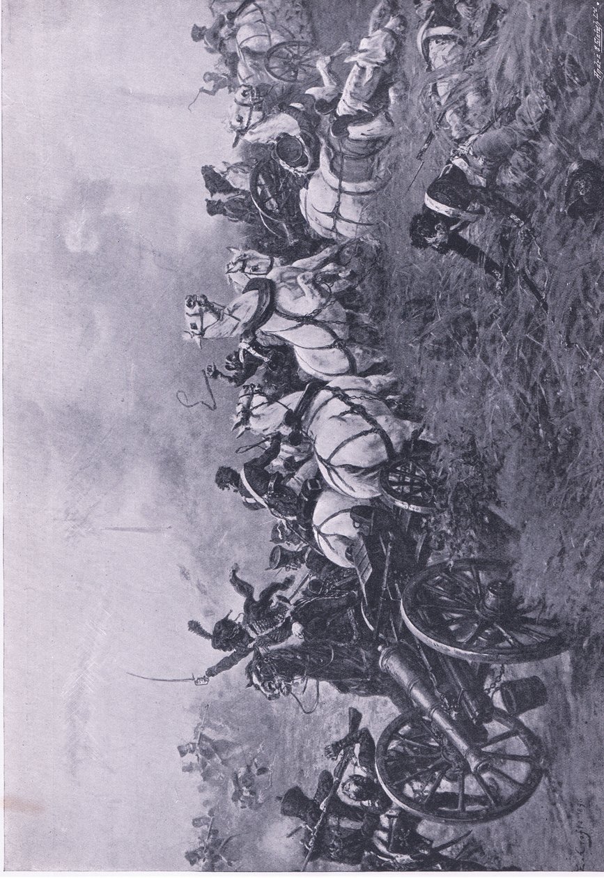 Fangst av det franske batteriet av det 52. Oxfordshire Light Infantry Regiment ved Waterloo 18. juni 1815, illustrasjon fra britiske slag på land og sjø, 1915 av Ernest Crofts
