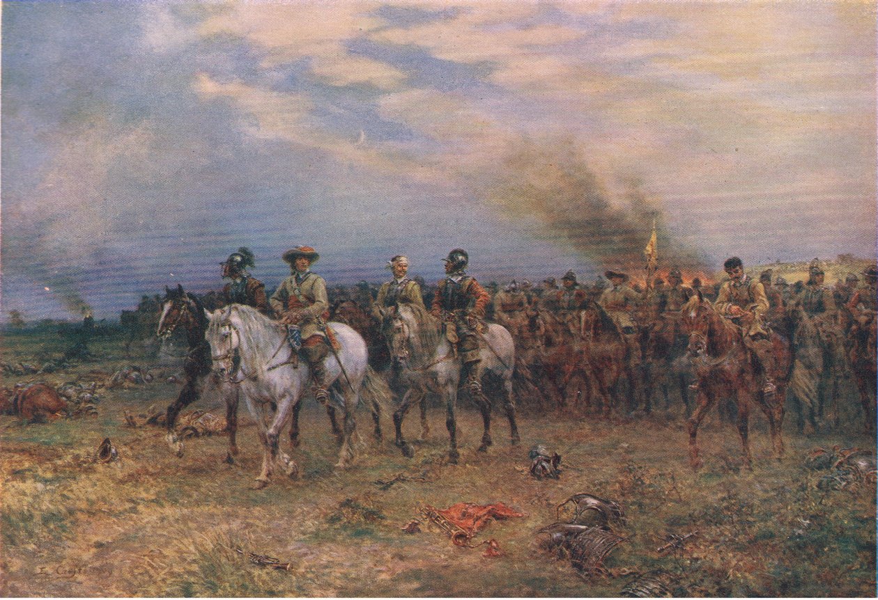 Cromwell at Marston Moor, illustrasjon fra The History of the British People utgitt av Waverley, ca. 1940 (farge litho) av Ernest Crofts
