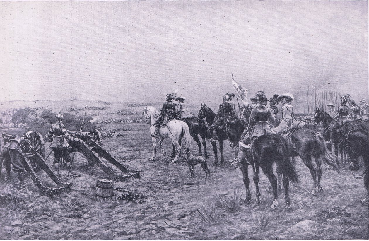 Prins Rupert ved slaget ved Marston, 2. juli 1644, illustrasjon fra British Battles on Land and Sea, 1915 av Ernest Crofts