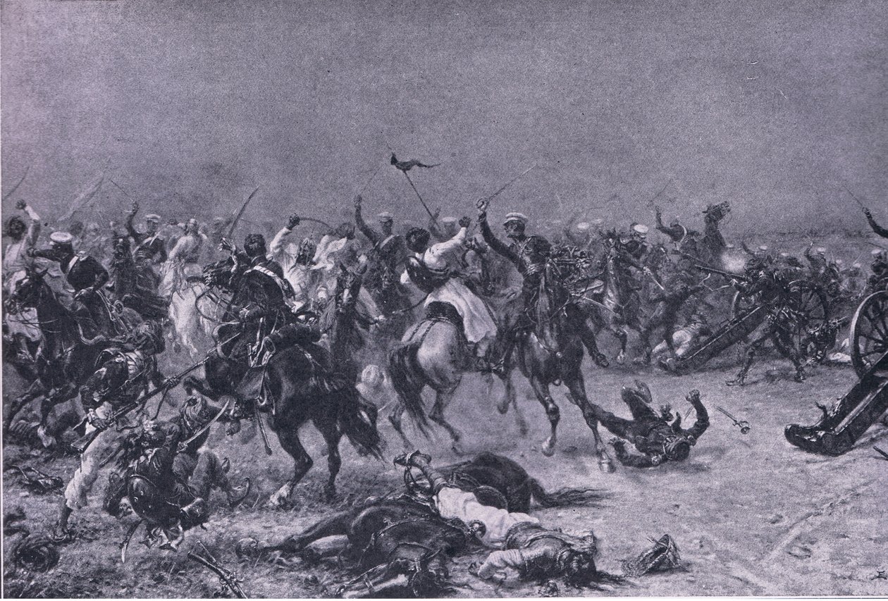 Anklagen om Kings Own Light Dragoons ved Mudki, illustrasjon fra British Battles on Land and Sea, 1915 av Ernest Crofts