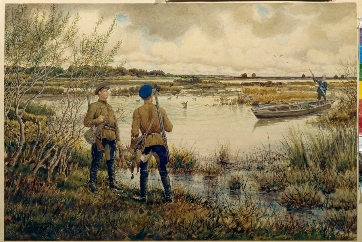 Tilbake fra jakten - (jegere med utstyret sitt, stå ved bredden av en innsjø, venter på en følgesvenn på en båt, ansvarlig for å fiske vilt, ender) - Tilbake fra jakten - Verk av Ernest Ernestovich Lissner (1874-1941) , En q av Ernest Ernestovich Lissner