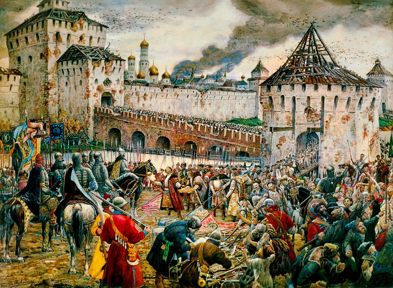 Utvisningen av polske inntrengere fra Moskva Kreml, 1612 sent på 1800- eller begynnelsen av 1900-tallet av Ernest Ernestovich Lissner