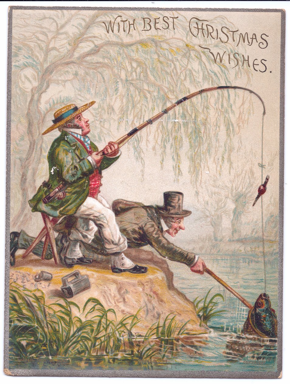 Et viktoriansk julekort av to menn som fisker ved elven, ca. 1880 av Ernest Henry Griset