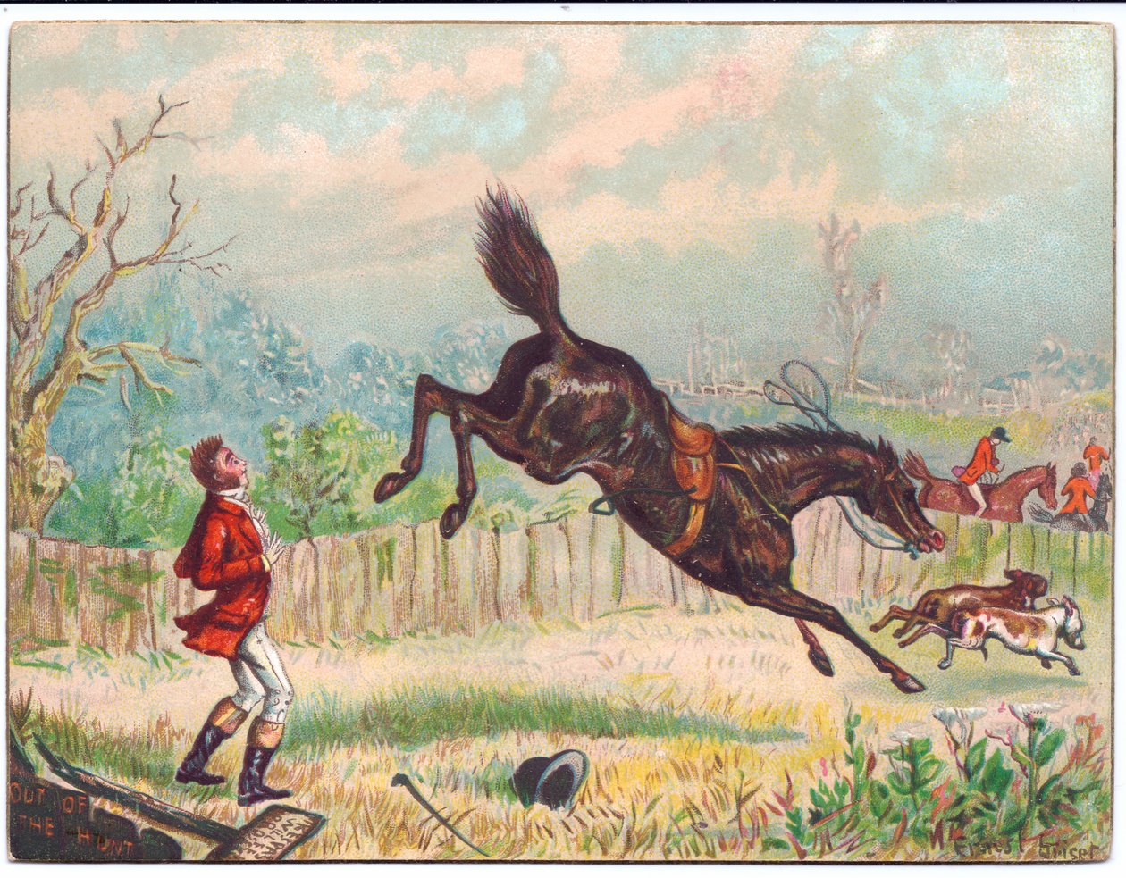 Et viktoriansk gratulasjonskort av en revejakt med en enslig hest som galopperer bort og etterlater jegeren strandet, ca. 1880 av Ernest Henry Griset