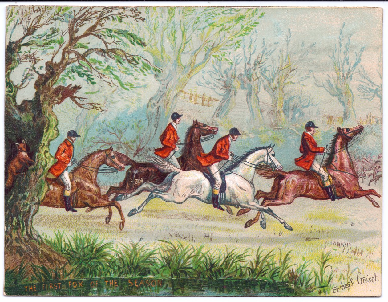 Et viktoriansk gratulasjonskort av revejegere som raser forbi mens reven gjemmer seg i et tre, ca. 1880 av Ernest Henry Griset