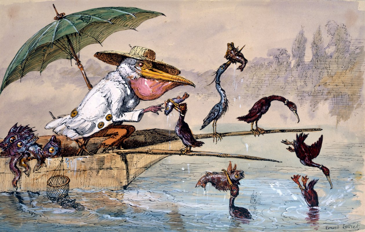 Skarv som presenterer fisk for en pelikan i et skudd under en paraply, c1864-1907 av Ernest Henry Griset