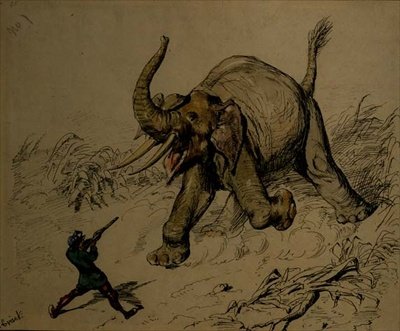 Elephant Shoot (penn og blekk, akvarell på papir) av Ernest Henry Griset