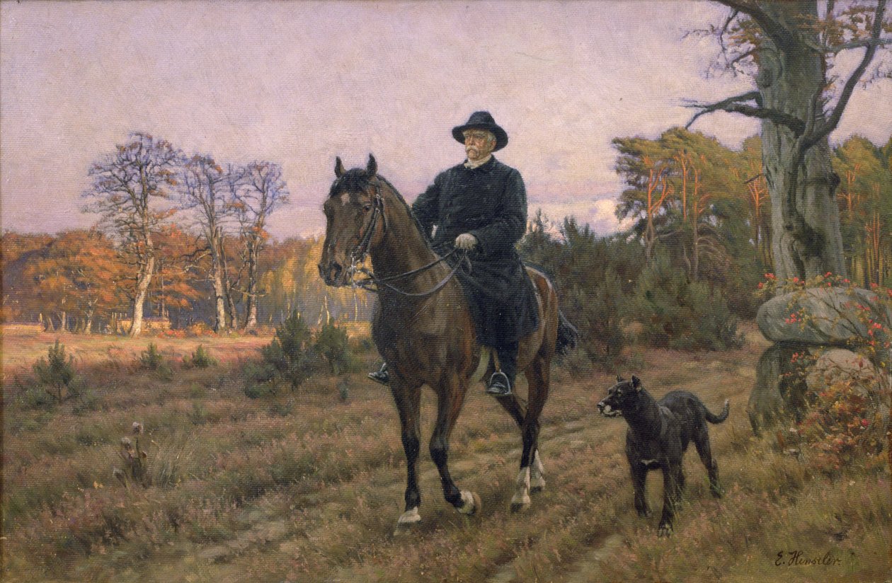Bismarck på hesteryggen med hund (oljetrykk) av Ernest Henseler