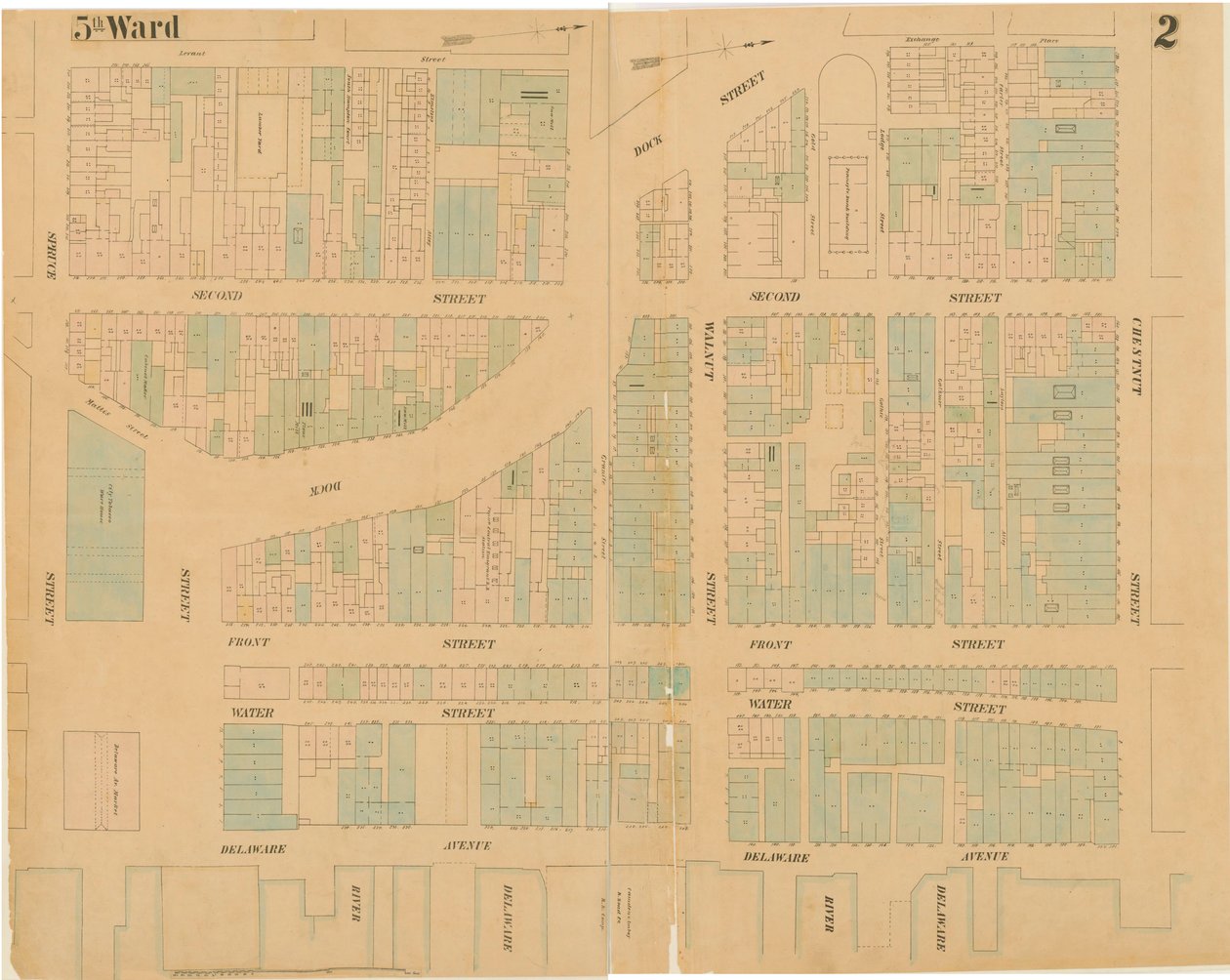 Kart over byen Philadelphia, bind 1, plate 2, 1860 (håndfarget gravering) av Ernest Hexamer