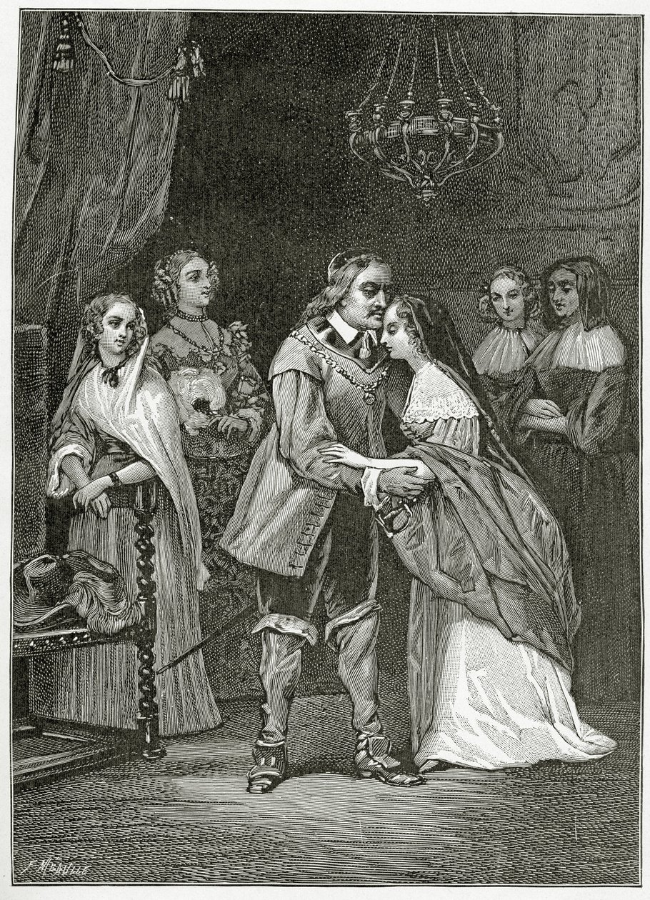 Cromwell og døtrene hans, 1800-tallet (bw-gravering) av Ernest Hillemacher