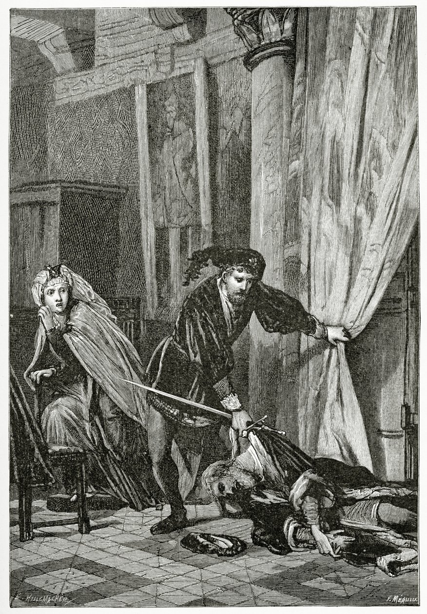 Scene fra Hamlet, 1800-tallet (bw-gravering) av Ernest Hillemacher