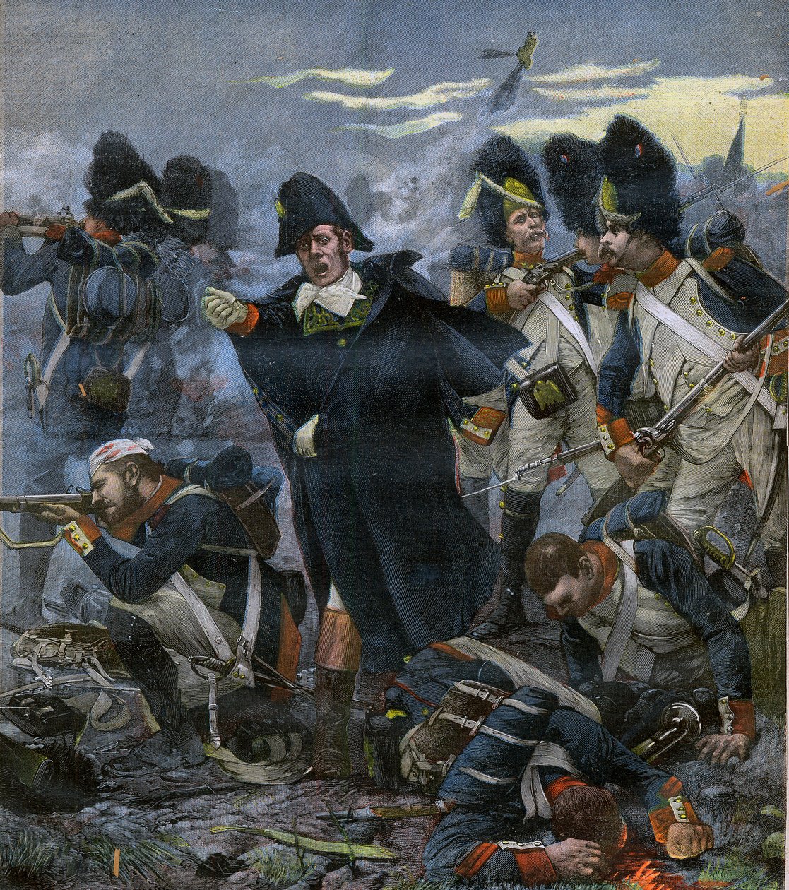 General Pierre Cambronne (1770-1842) sammen med troppene sine i slaget ved Waterloo - gravering etter Delahaye, Ernest Jean (1855-1921) - av Ernest Jean Delahaye