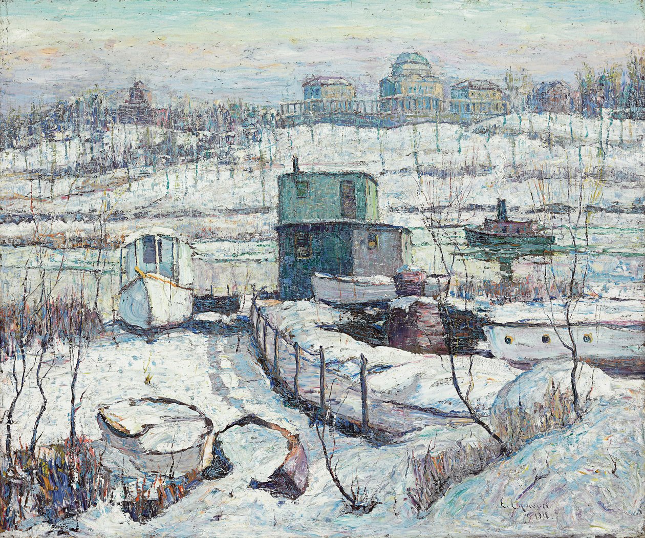 Naust, Winter, Harlem River av Ernest Lawson