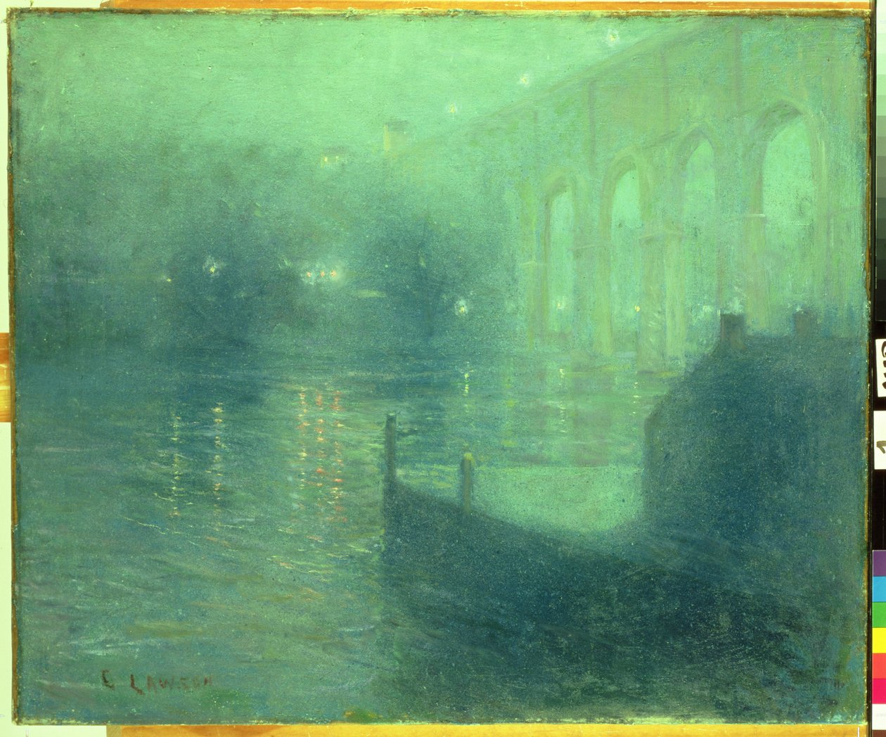Harlem River at Night, Blue Reflection (olje på lerret) av Ernest Lawson