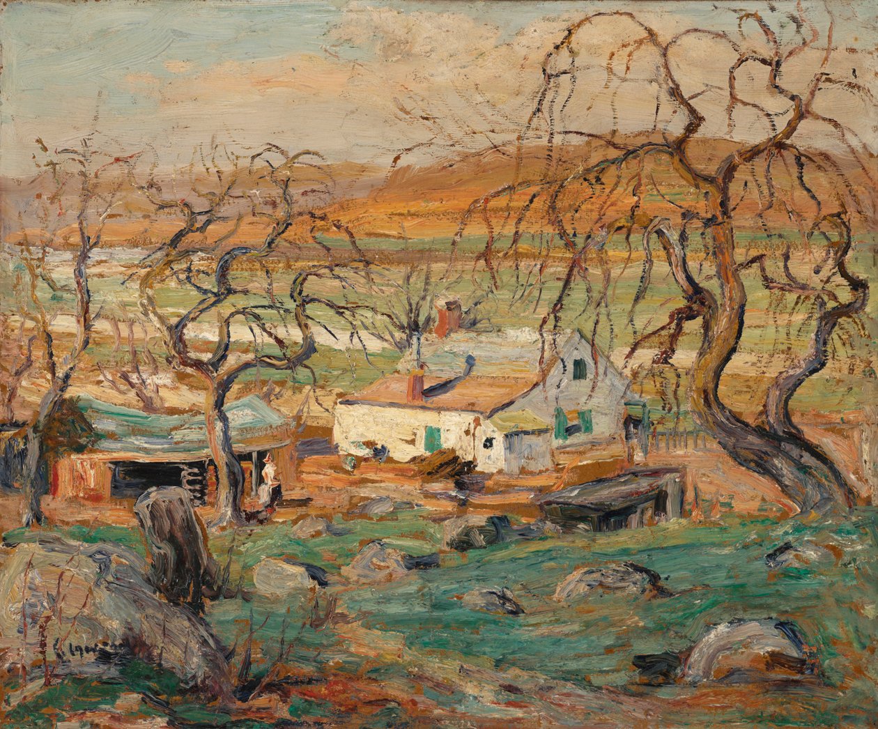 Landskap med knudrete trær (olje på papp) av Ernest Lawson