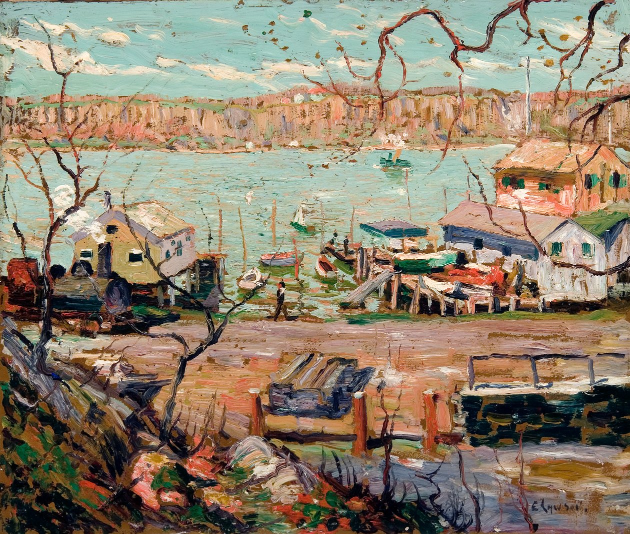 Elvescene – Båter og hus av Ernest Lawson