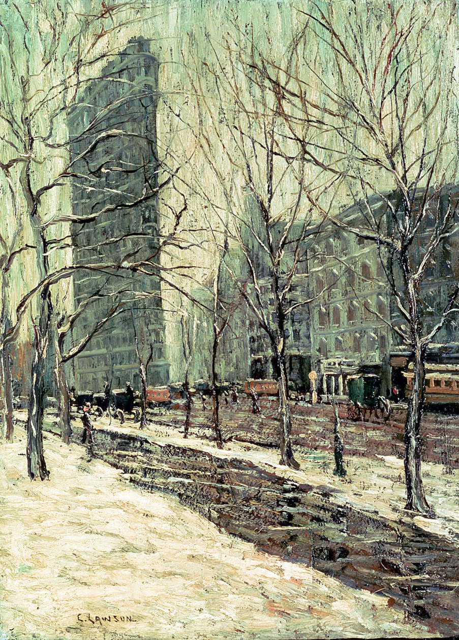 The Flatiron Building, New York, ca. 1903-05 (olje om bord) av Ernest Lawson
