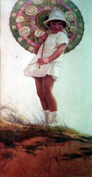 Portrett av kunstnerens datter med en parasoll (akvarell) av Ernest Longmate