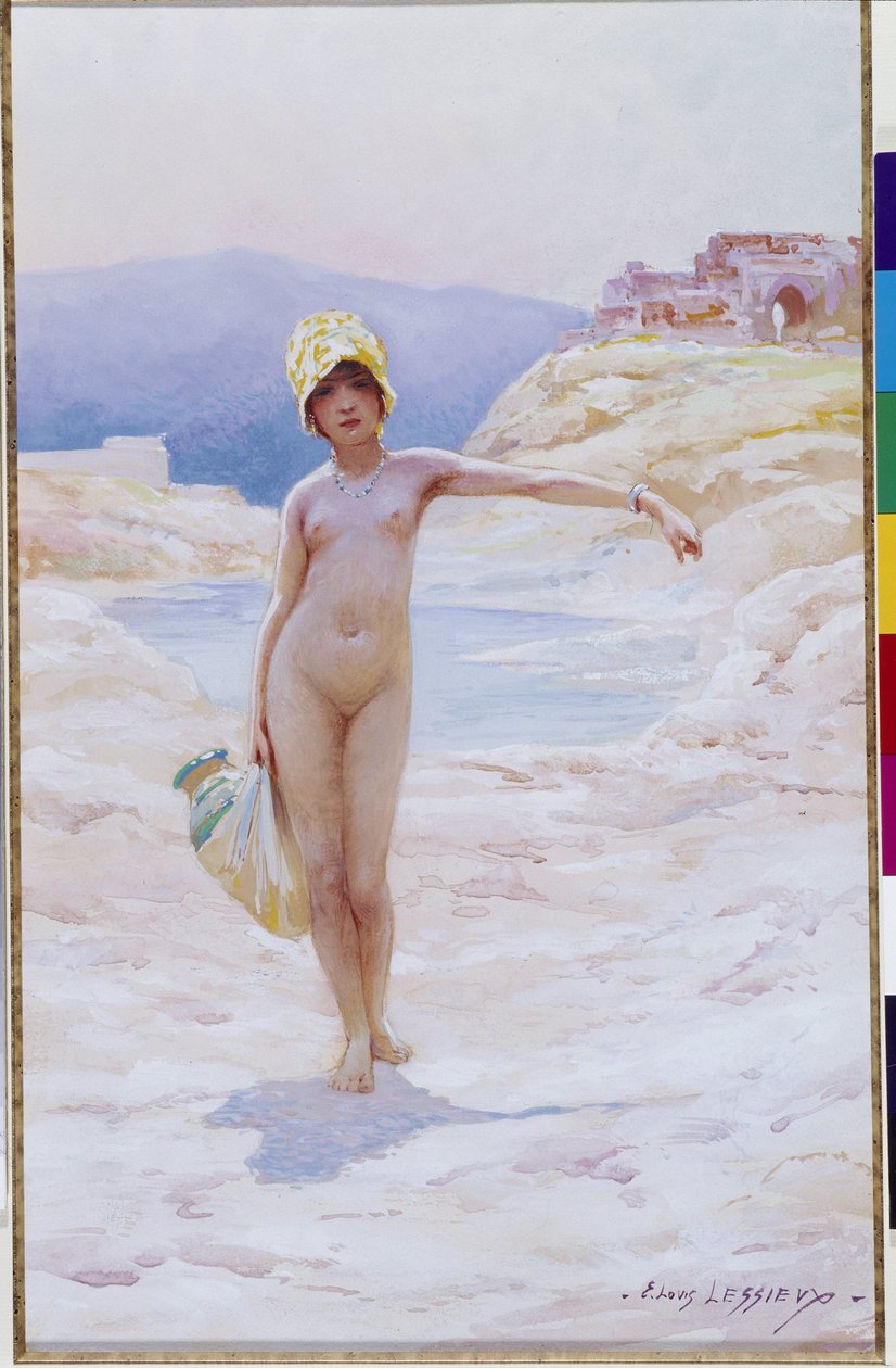 Algerisk jente har kannen En naken jente iført en lue iført en kanne med vann nær en vannkilde i en oase i ørkenen. Akvarell av Louis Ernest Lessieux (1874-1925) Obligatorisk omtale: Collection fondation regards de Provence, Marseille av Ernest Louis Lessieux