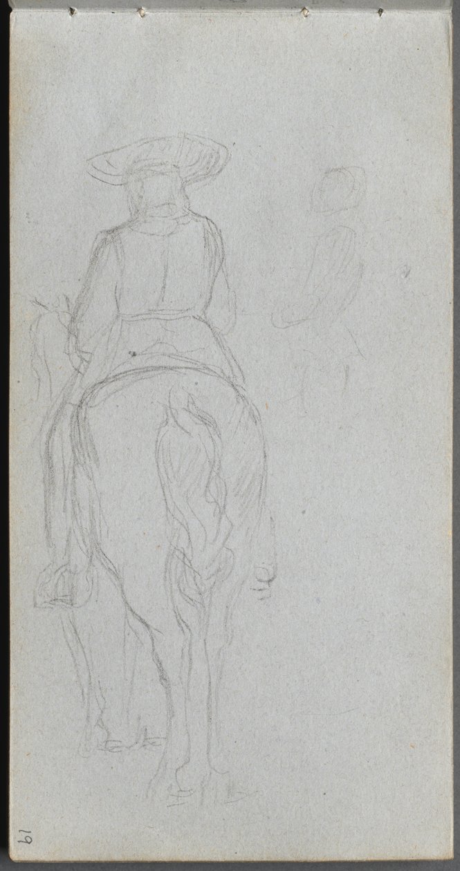Skissebok, side 19: Studie av en skikkelse på hesteryggen sett bakfra. av Jean Louis Ernest Meissonier